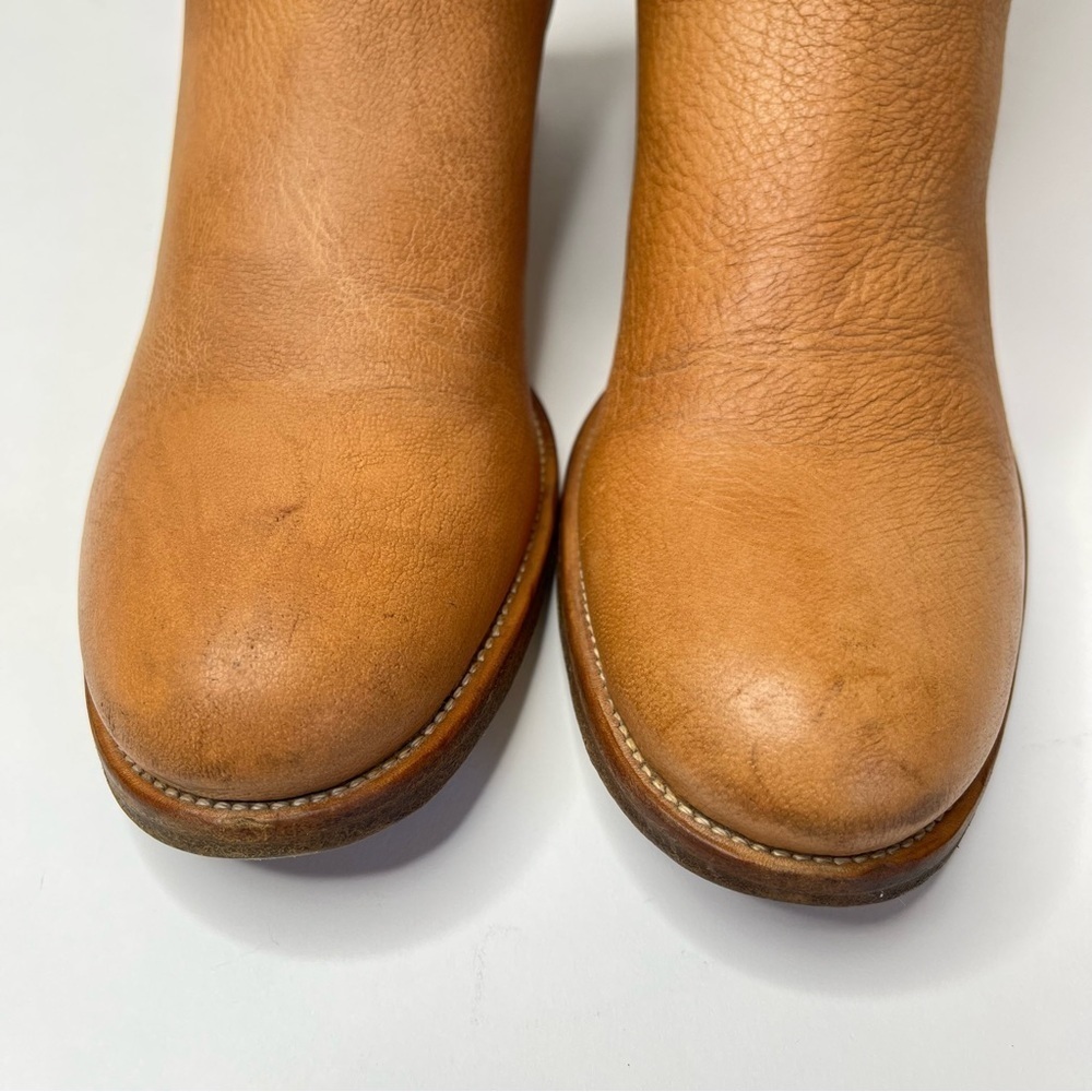 VINTAGE Prada 1990s Tan Camel Italian Leather Side Zip Pullon Classic Flat Boots - Picture 3 of 16